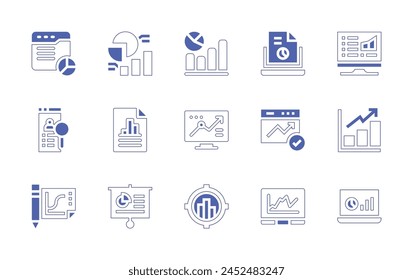 Analytics icon set. Duotone style line stroke and bold. Vector illustration. Containing statistics, analytics, web analytics, presentation, browser, laptop, report, pie chart, stocks.
