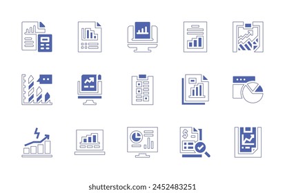 Analytics-Symbolsatz. Linienstrich im Duotonstil und fett. Vektorillustration. Enthält Kreisdiagramm, Dashboard, Energie, Statistiken, Analytik, Datenanalyse.