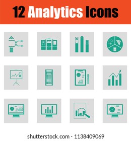 Analytics icon set. Green on gray design. Vector illustration.