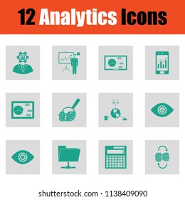 Analytics icon set. Green on gray design. Vector illustration.