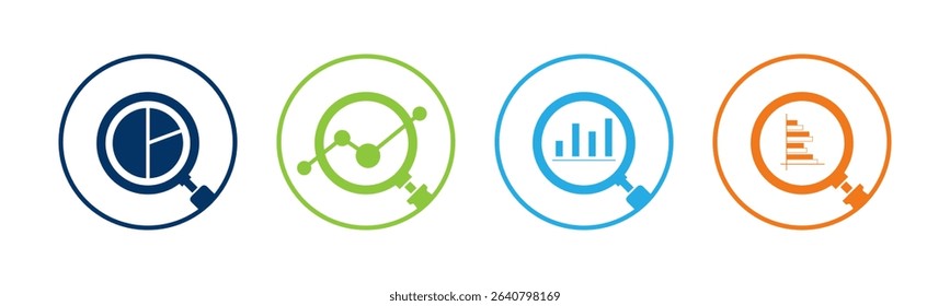 Analytics icon set illustration. Magnifying glass with data chart sign and symbol.