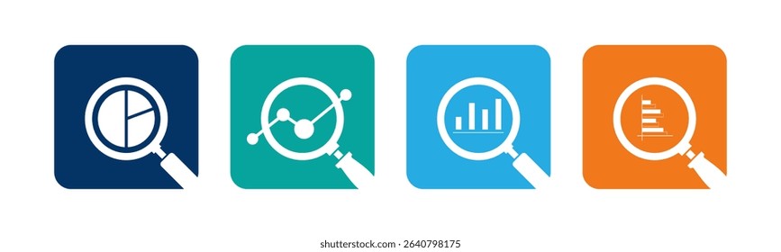 Analytics icon set illustration. Magnifying glass with data chart sign and symbol.