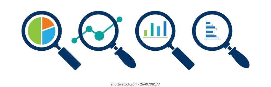 Analytics icon set illustration. Magnifying glass with data chart sign and symbol.