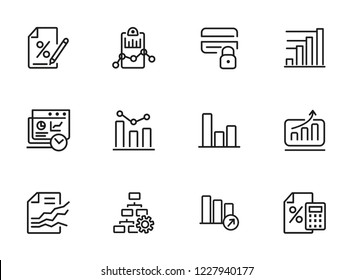 Analytics icon. Set of line icons on white background. Bar graph, marketing report, discount. Diagram concept. Vector illustration can be used for topics like business, finance, trade