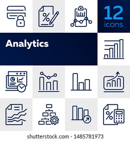 Analytics icon. Set of line icons on white background. Bar graph, marketing report, discount. Diagram concept. Vector illustration can be used for topics like business, finance, trade