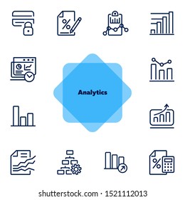 Analytics icon. Set of line icons on white background. Bar graph, marketing report, discount. Diagram concept. Vector illustration can be used for topics like business, finance, trade