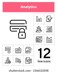 Analytics icon. Set of line icons on white background. Bar graph, marketing report, discount. Diagram concept. Vector illustration can be used for topics like business, finance, trade