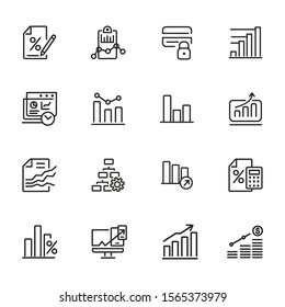 Analytics icon. Set of line icons on white background. Bar graph, marketing report, discount. Diagram concept. Vector illustration can be used for topics like business, finance, trade