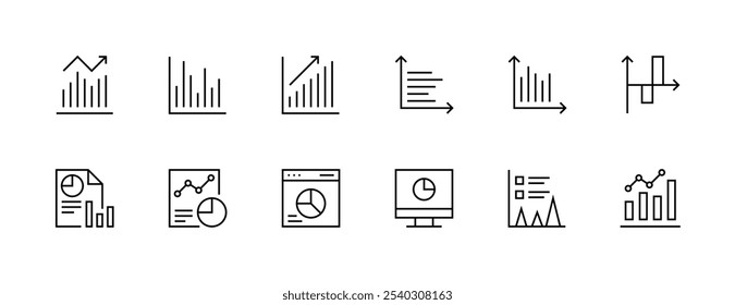 Analytics icon set. Statistics icons. Data visualization, graph, diagram, infographic, data analytics, business report, insight and more. Editable stroke. Pixel Perfect. Grid base 32px.