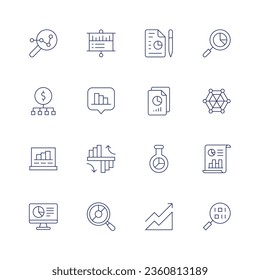 Conjunto de iconos de análisis. Icono de línea delgada. Trazo editable. Conteniendo análisis, análisis, comparación, computadora, análisis de datos, archivos, investigación de mercado, beneficios, gráfico circular, radar, búsqueda, estadísticas.