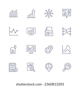 Analytics icon set. Thin line icon. Editable stroke. Containing analysis, analytics, business intelligence, data analysis, data analytics, document, infographic, pie chart, presentation, relations.