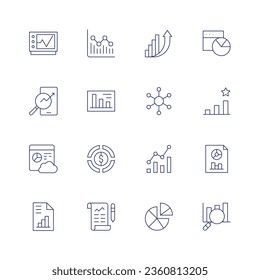Analytics icon set. Thin line icon. Editable stroke. Containing analysis, analytics, budget, data, data analytics, diagram, increase, pie chart, rating, search, statistics.