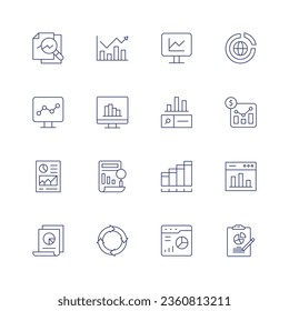 Analytics icon set. Thin line icon. Editable stroke. Containing analysis, analytics, assessment, cycle, data analytics, data, graph, growth chart, pie chart, progress, statistics.