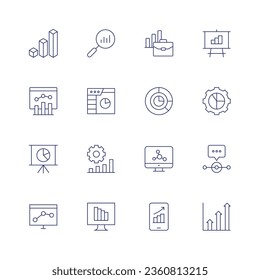 Conjunto de iconos de análisis. Icono de línea delgada. Trazo editable. Contiene análisis, computadora, análisis de datos, equipo, móvil, beneficios, burbuja de habla.