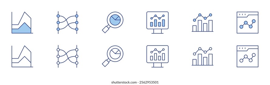 Analytics icon set in two styles, Duotone and Thin Line style. Editable stroke. search, analytics, stats, relations.