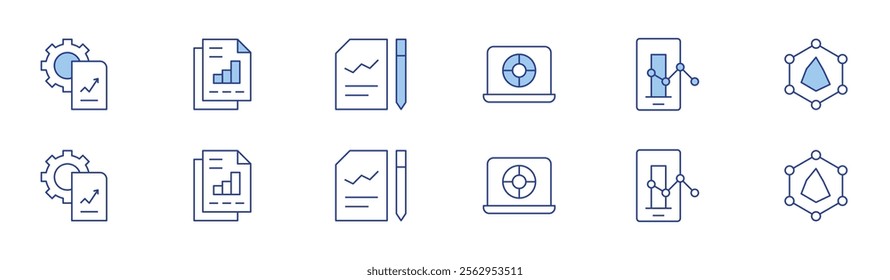 Analytics icon set in two styles, Duotone and Thin Line style. Editable stroke. stats, document, analytics, laptop, business report, data analytics.