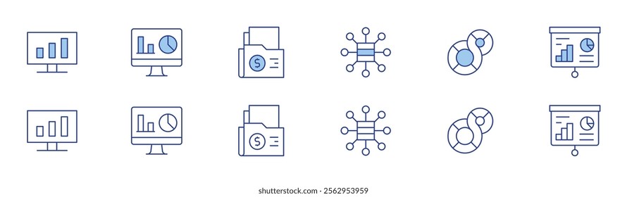 Analytics icon set in two styles, Duotone and Thin Line style. Editable stroke. document, presentation, analytics, data analytics, business intelligence, infographic.
