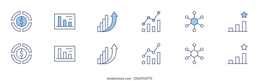 Analytics icon set in two styles, Duotone and Thin Line style. Editable stroke. data analytics, rating, increase, diagram, budget, analytics.