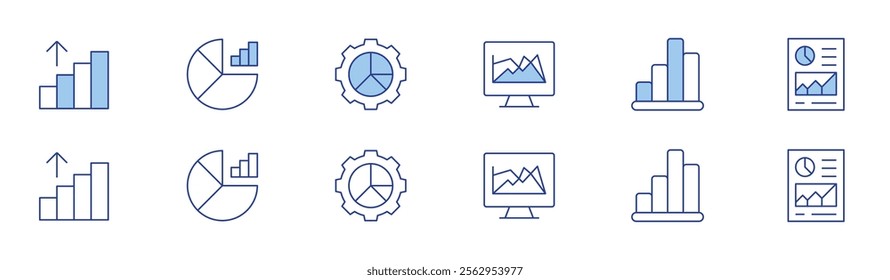 Analytics icon set in two styles, Duotone and Thin Line style. Editable stroke. graphic, graph, analytics, spreadsheet app.