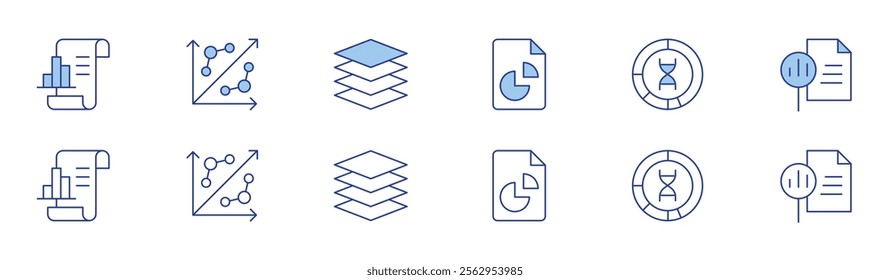 Analytics icon set in two styles, Duotone and Thin Line style. Editable stroke. layers, report, analytics, donut chart, chart.