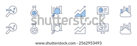 Analytics icon set in two styles, Duotone and Thin Line style. Editable stroke. search, seo, profit, computer, analytical, market research.