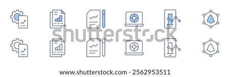 Analytics icon set in two styles, Duotone and Thin Line style. Editable stroke. stats, document, analytics, laptop, business report, data analytics.