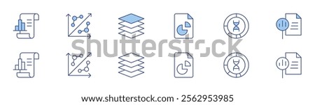 Analytics icon set in two styles, Duotone and Thin Line style. Editable stroke. layers, report, analytics, donut chart, chart.