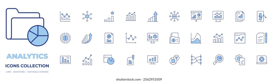 Analytics icons collection. Line Duotone style, editable stroke. business intelligence, infographic, data analytics, increase, statistics, pie chart, budget.