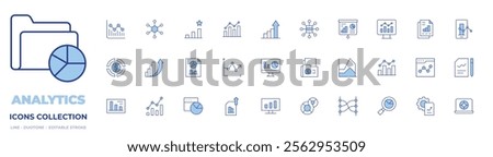 Analytics icons collection. Line Duotone style, editable stroke. business intelligence, infographic, data analytics, increase, statistics, pie chart, budget.