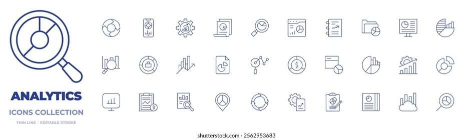 Analytics icons collection. Thin Line icons, editable stroke. cycle, data analysis, data analytics, phone, pie chart, productivity, profits, search, web analytics.