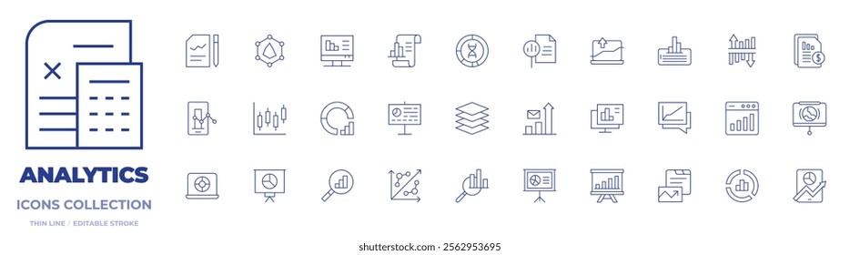 Analytics icons collection. Thin Line icons, editable stroke. analysis, analytics, data analytics, document, donut chart, layers, levels, presentation, renko, report, stats.