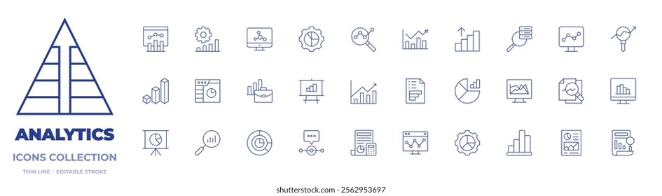 Analytics icons collection. Thin Line icons, editable stroke. analytics, accounting, analysis, assessment, computer, data analytics, gear, graph, graphic