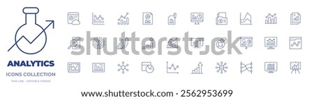 Analytics icons collection. Thin Line icons, editable stroke. analysis, analytics, budget, business intelligence, data analytics, increase, rating, statistics.