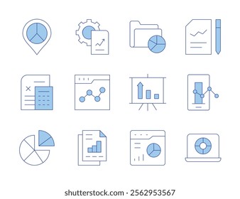 Analytics icons. Line Duotone style, editable stroke. pie chart, analytics, data, document, laptop, business report, data analytics.