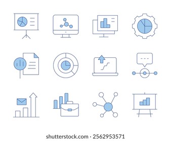 Analytics icons. Line Duotone style, editable stroke. computer, analytics, report, analysis, presentation, stats, data analytics, speech bubble, gear.