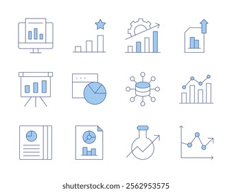 Analytics icons. Line Duotone style, editable stroke. analytics, data analytics, market research, rating, statistics, analysis, pie chart.