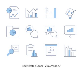 Analytics icons. Line Duotone style, editable stroke. analytic, presentation, analytics, file, report, idea, decrease, bar chart.