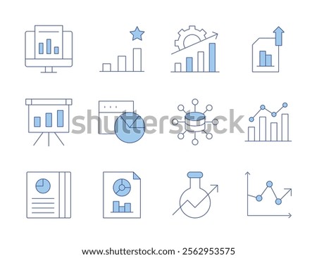 Analytics icons. Line Duotone style, editable stroke. analytics, data analytics, market research, rating, statistics, analysis, pie chart.