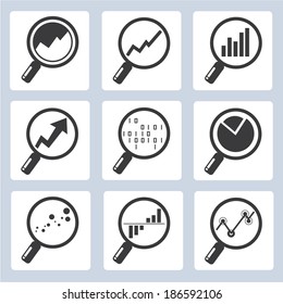 analytics icons, magnifier glass with data chart, big data concept 
