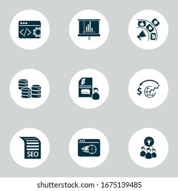 Analytics icons set with brainstorming, SEO guide, code optimization and other manual elements. Isolated vector illustration analytics icons.