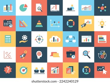 Analytics icons set. Collection of graphic elements for website. Working with information and infographics, graphs and charts. Cartoon flat vector illustrations isolated on colorful background