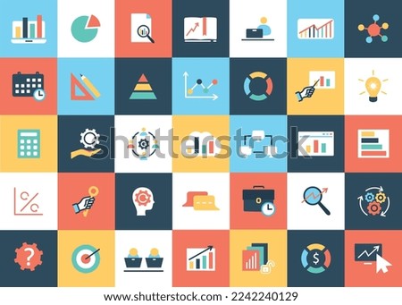 Analytics icons set. Collection of graphic elements for website. Working with information and infographics, graphs and charts. Cartoon flat vector illustrations isolated on colorful background