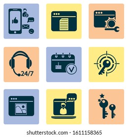 Analytics icons set with events calendar, text content, social media and other 24/7 access elements. Isolated vector illustration analytics icons.