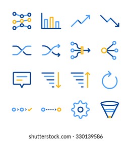 Analytics icons set. Included the icons as graph, sort, filter, step, flow, refresh and more.