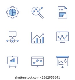 Analytics icons set. Line Duotone style, editable stroke. speech bubble, analytics, data analytics, gear, analysis.