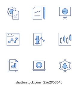 Analytics icons set. Line Duotone style, editable stroke. stats, renko, presentation, analytics, document, laptop, business report, data analytics.