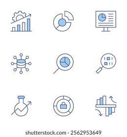 Analytics icons set. Line Duotone style, editable stroke. search, dashboard, comparison, data analytics, pie chart, market research.