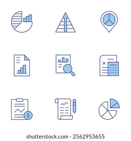 Analytics icons set. Line Duotone style, editable stroke. pie chart, analytics, data, pyramid, data analysis.