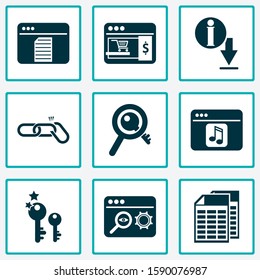 Analytics icons set with link building, search optimization, spreadsheets and other content elements. Isolated vector illustration analytics icons.