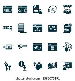 Analytics icons set with local search, page quality, SEO report and other copyrighting elements. Isolated vector illustration analytics icons.